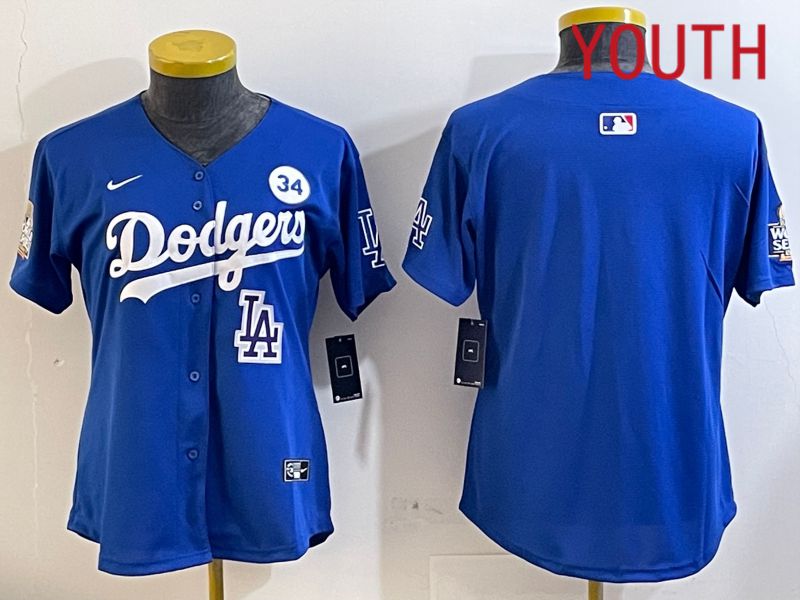 Youth  Los Angeles Dodgers blank 2024 World series patch blue jersey 202411236->youth mlb jersey->Youth Jersey
